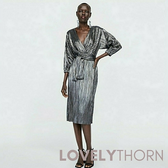 Zara Dresses & Skirts - ZARA // pleated silver lame belted plunge dress